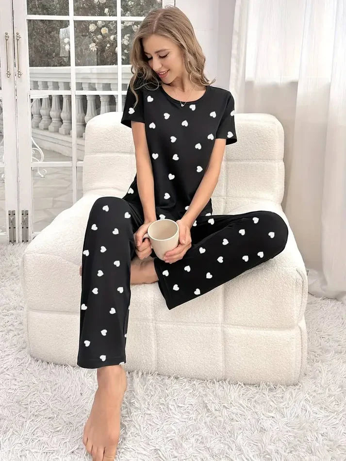 Black Dil Dil Hearts Printed Night Suit