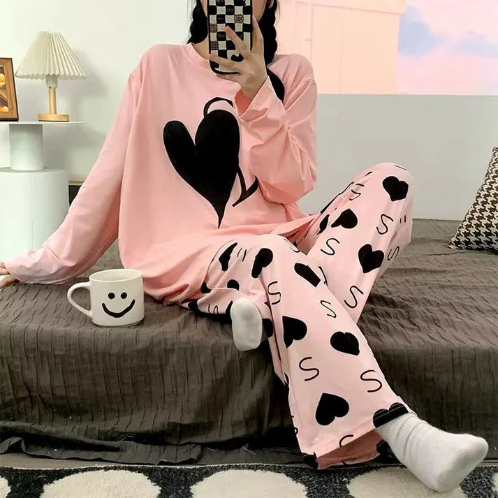 Double Heart Printed PJ Suit Full Sleeves- pink