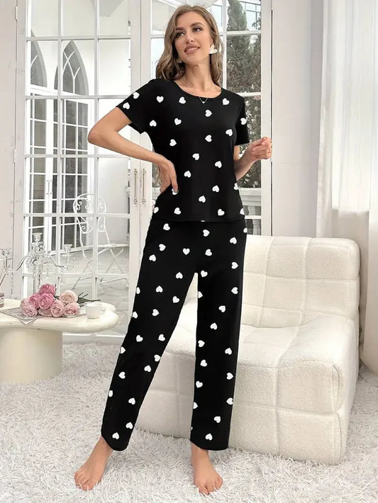 Black Dil Dil Hearts Printed Night Suit