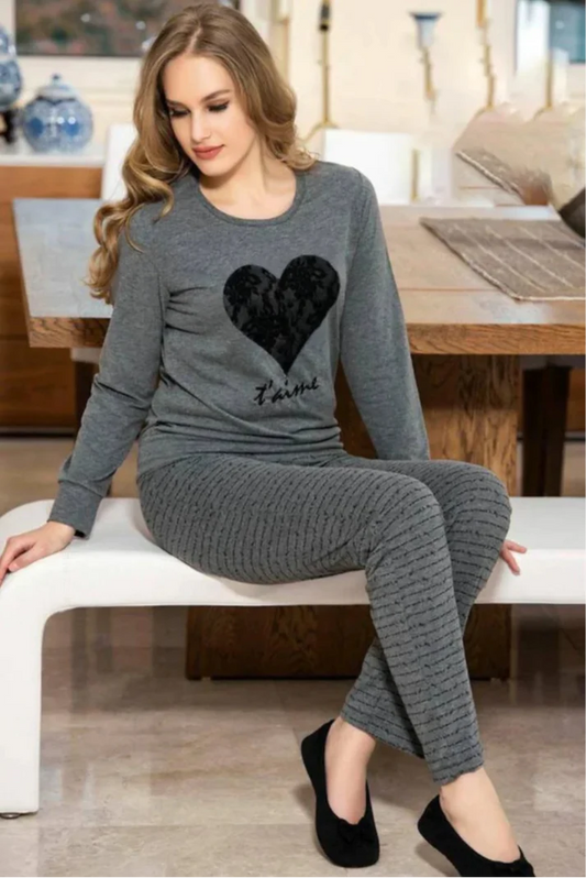 Black Big Heart Printed Night Suit