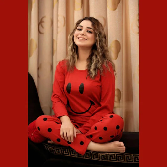 Red Smiley Full Sleeves Printed Pajama Night Suit