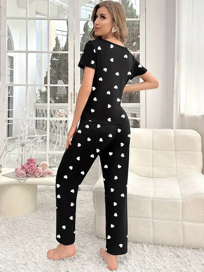 Black Dil Dil Hearts Printed Night Suit